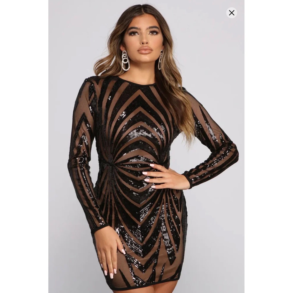 WB11 Windsor Black Sequin Sheer Mesh Bodycon Dress XS Long Sleeve Party Cocktail
